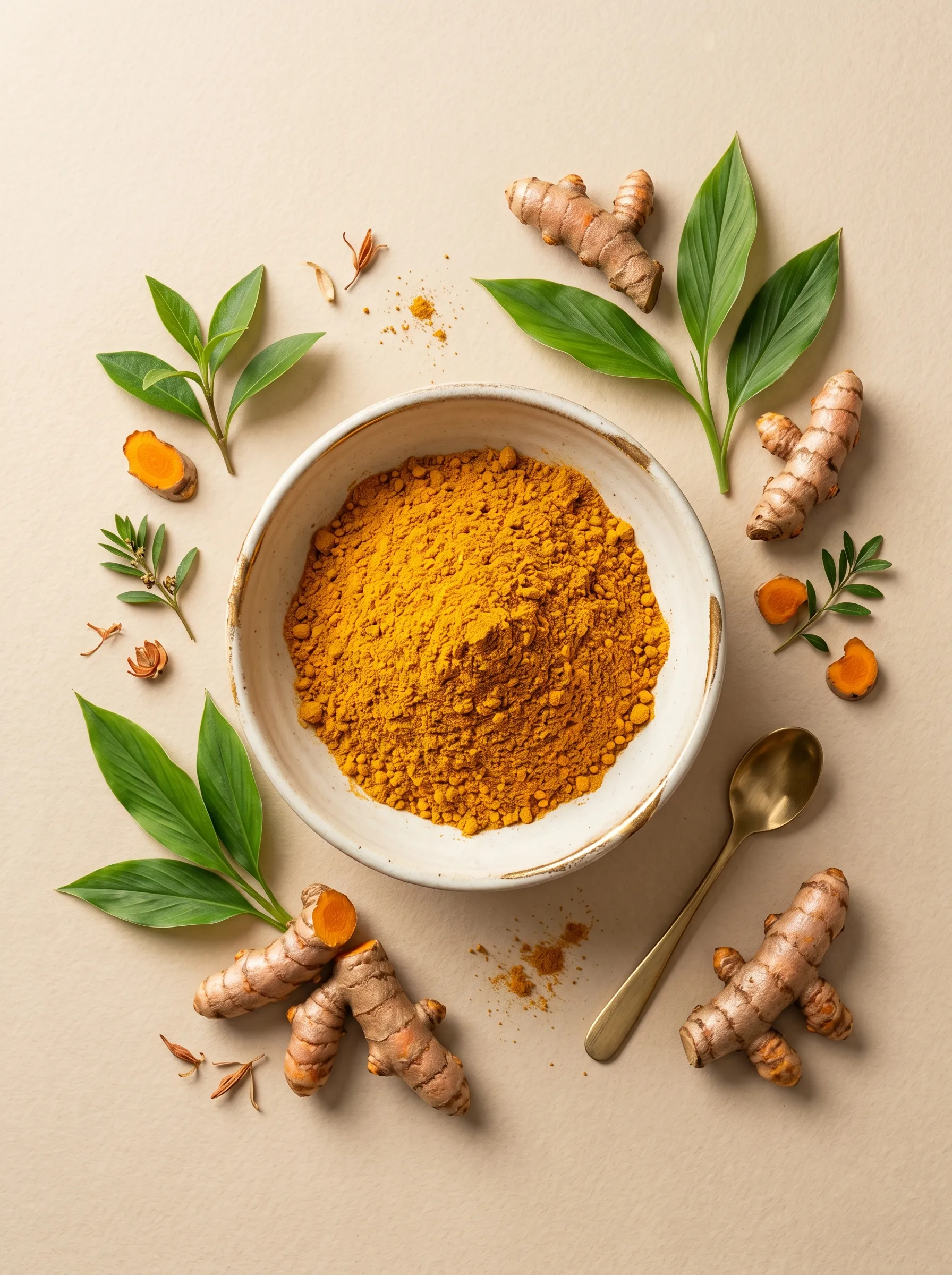 Turmeric roots and golden powder