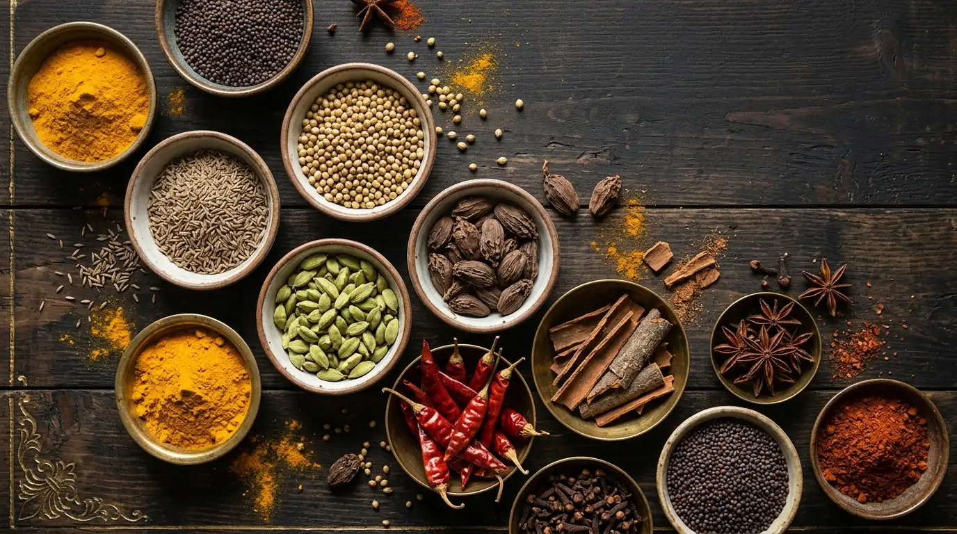 An array of authentic Indian spices in small bowls — turmeric, cumin, coriander, cardamom and chilli — on a rustic table