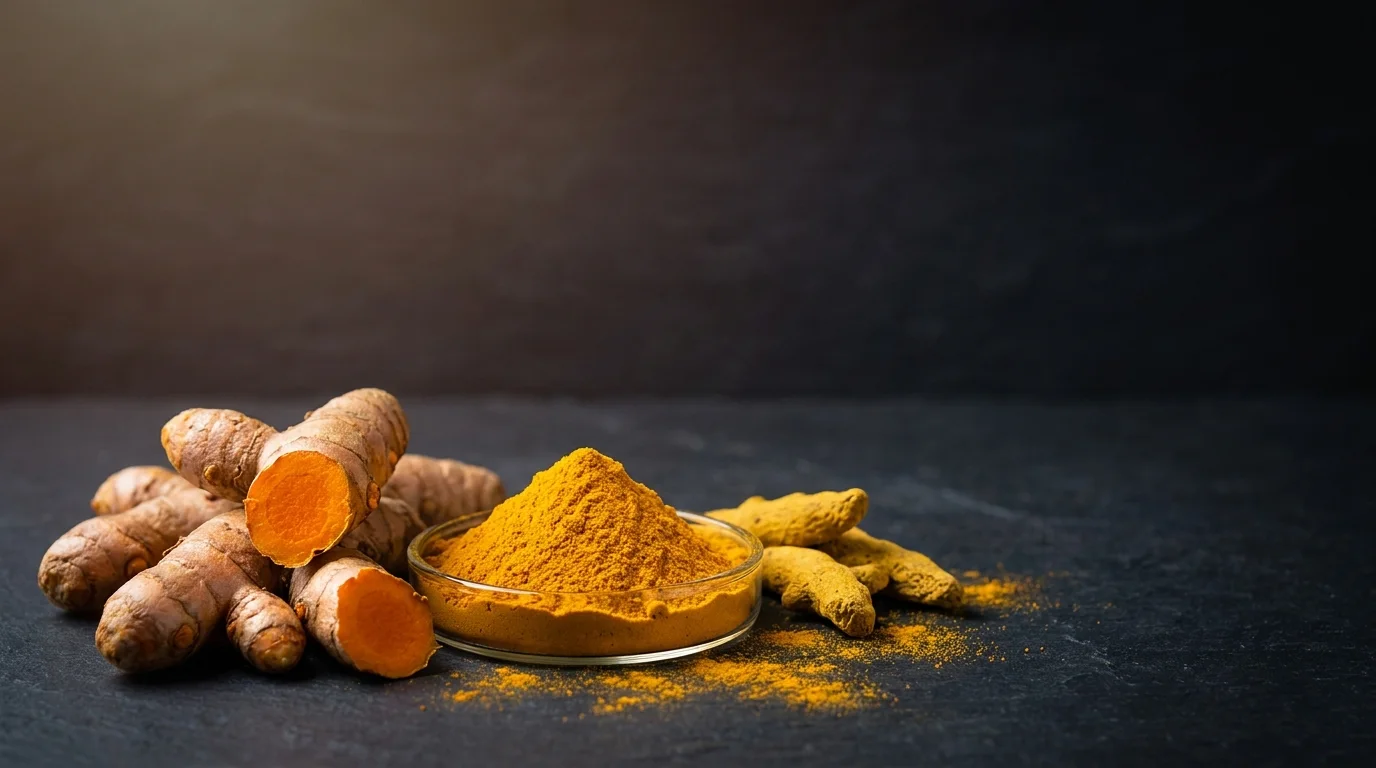 Premium high-curcumin Indian turmeric roots and bright golden turmeric powder on a dark slate surface