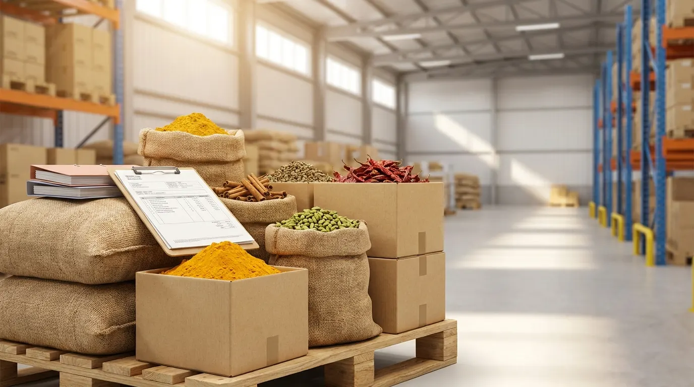 Export-ready sacks and cartons of Indian turmeric and spices at a port, with shipping documentation