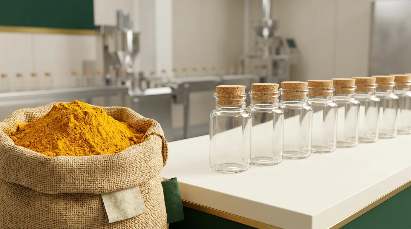 Bulk turmeric and spice powders in production sacks beside private-label branded retail jars, in a clean facility